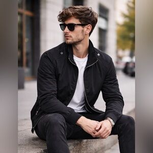 🖤 Men’s Trendy Black Moto-Style Bomber Jacket – Size S Chest - 22”